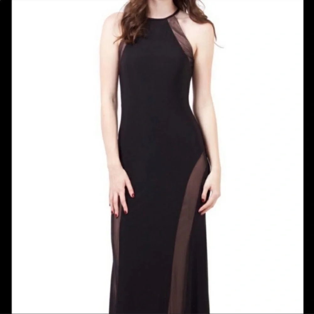 Nightway Womens Black Nude Mesh Halter Neck Open Back‎ Maxi Gown Dress Size 14